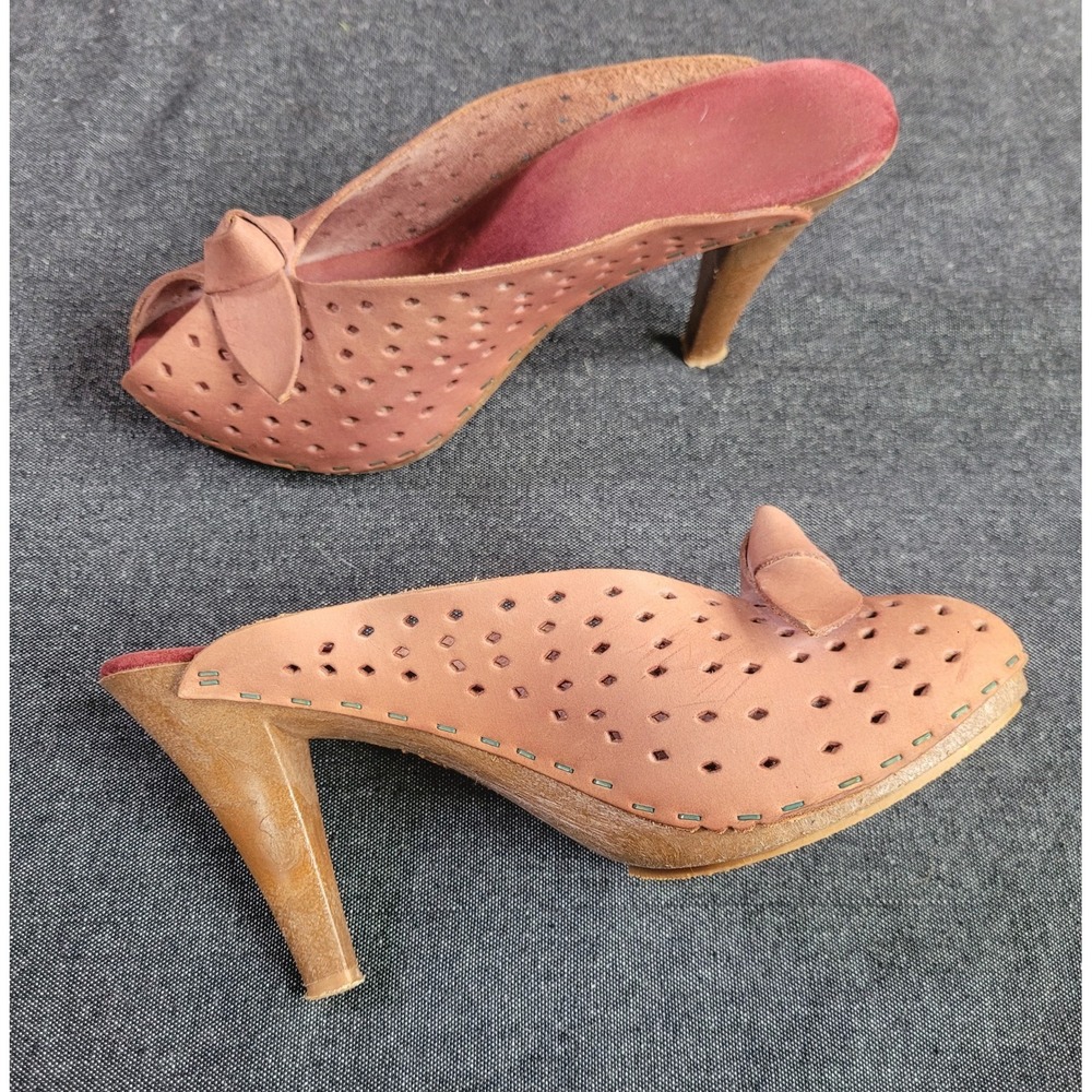 Vintage 60s‎ 70s Leather Mule Heels Bow Maeve Tan High Heels Size 7 6.5 7.5